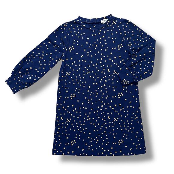 Crewcuts Dress Girls 4-5 Navy Blue Gold Star Moon Print Long Sleeve Cotton New - Picture 1 of 9